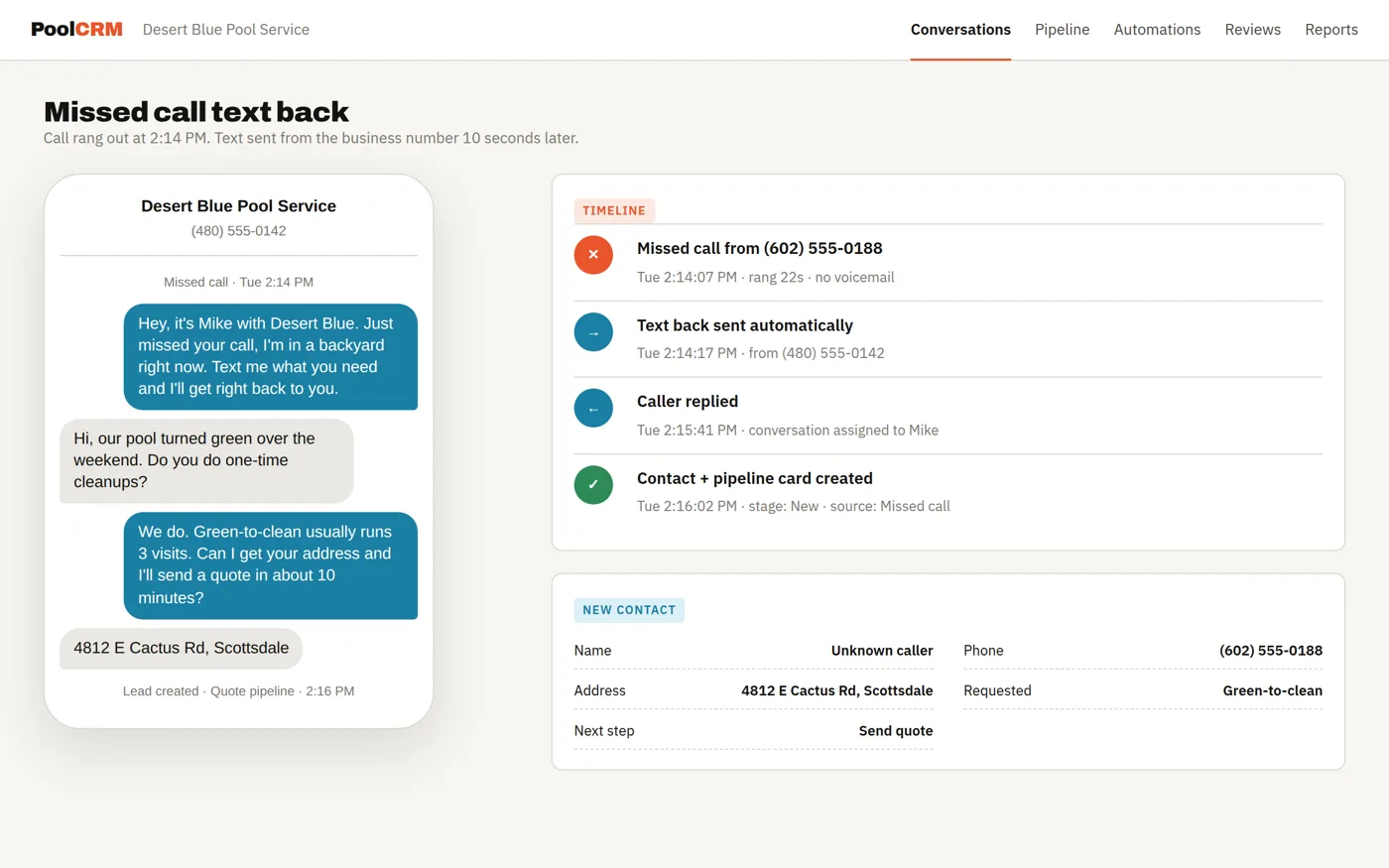 Home service CRM conversation view showing an automatic text sent after a missed call