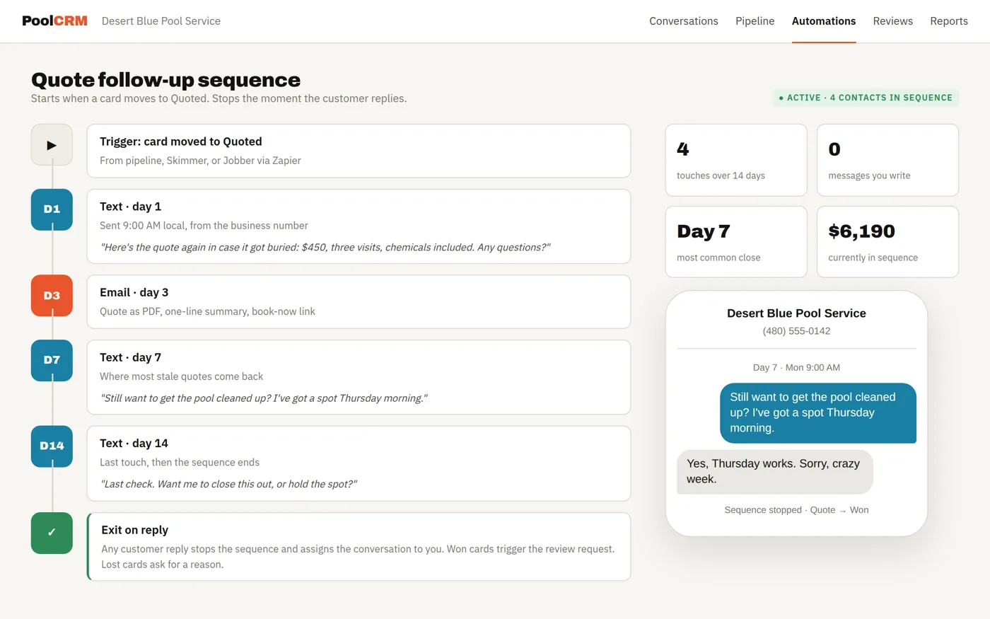 Home service CRM quote follow-up sequence with four scheduled touches over two weeks